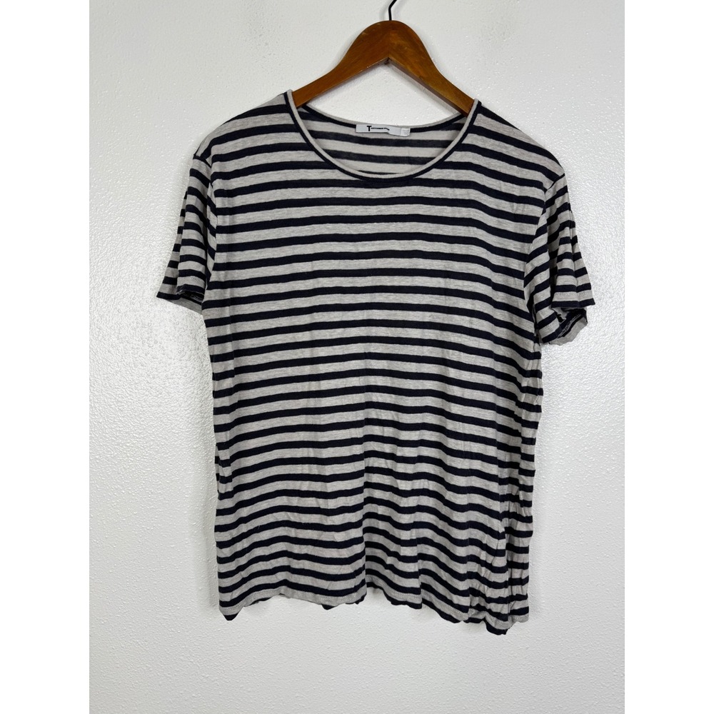 T by Alexander Wang Striped Linen Silk Short Sleeve T-Shirt Grey Navy Large